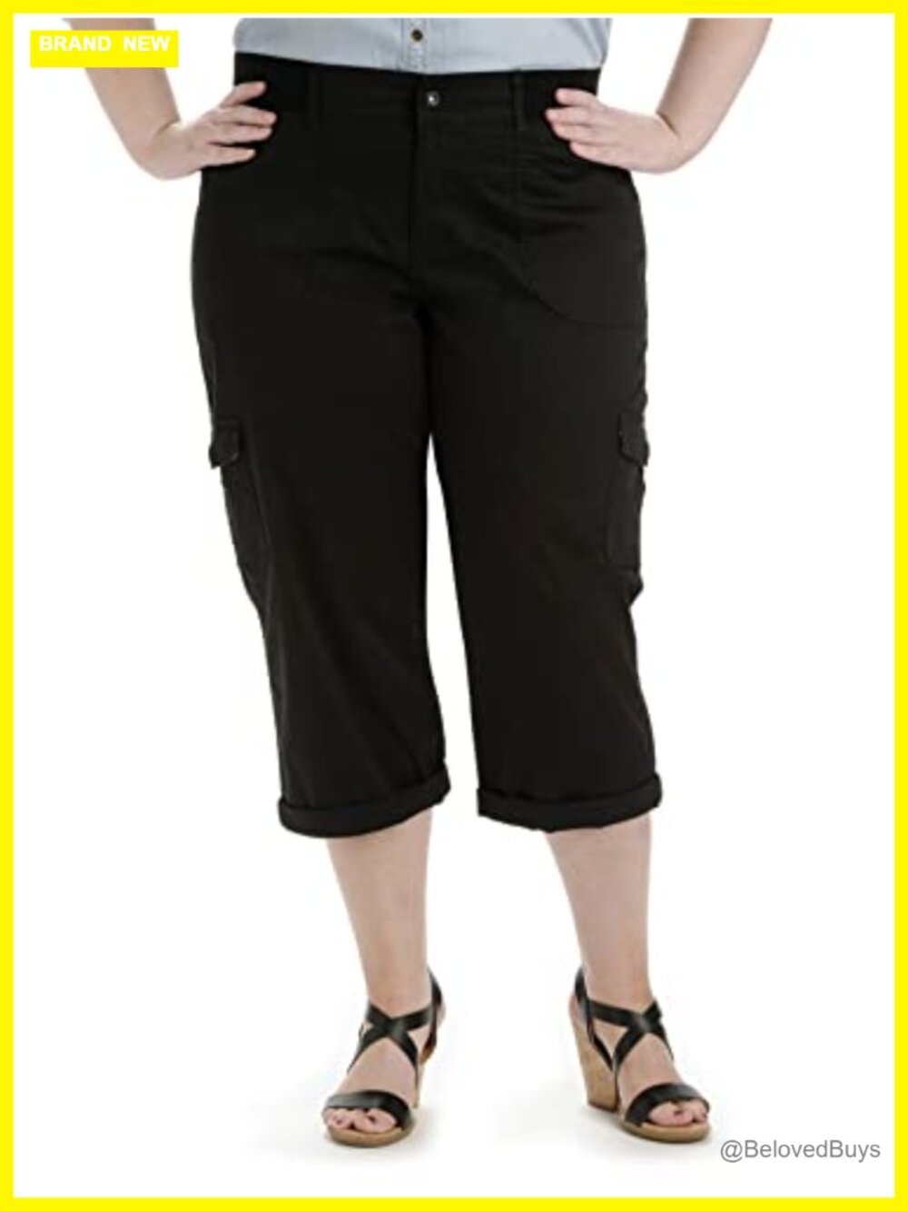 Womens Plus Size Relaxed Fit Knit Waist Cargo Capri Pants Roll Cuff